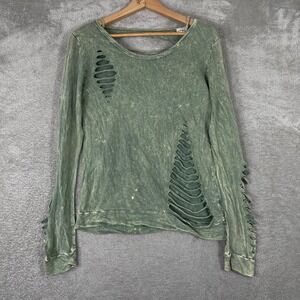 Daytrip Top Womens XS Green Acid Wash Distressed Cutout Long Sleeve Grunge Y2K